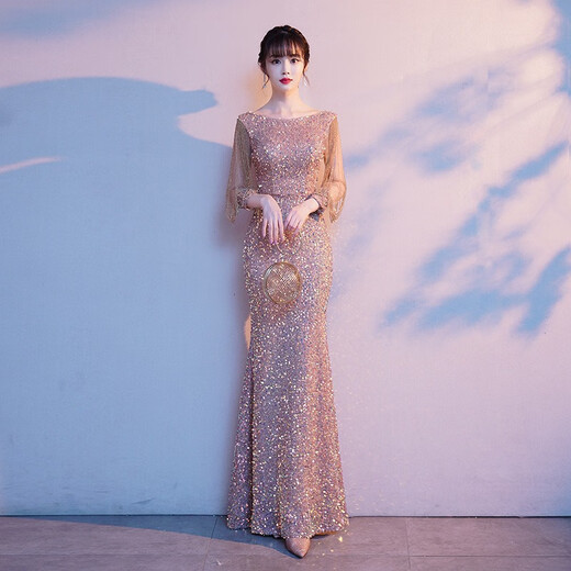 Zhufan high-end annual meeting female host dress evening girl 2025 new sequined temperament light luxury niche fishtail toast dress khaki M