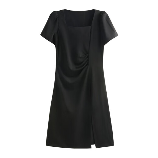 She enjoys a short-sleeved dress with a woman's neck temperament and a versatile little black dress in summer high-waisted slim dress T52Q010
