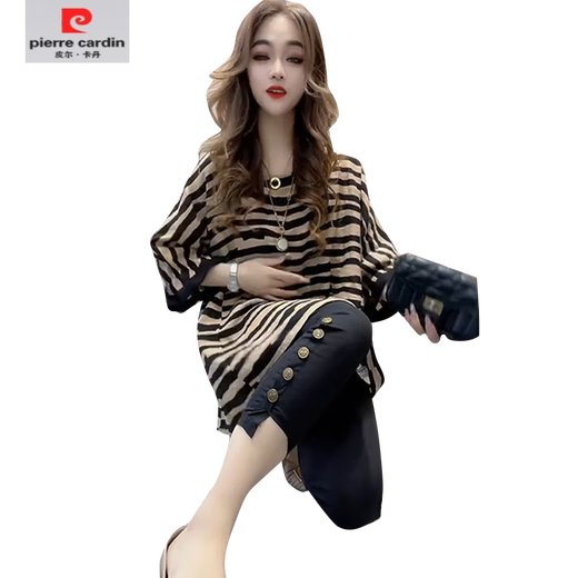 皮尔卡丹（pierre cardin）【701人收藏】不规则条纹短袖t恤女2025夏季宽松中长款感圆领小众 图片色 中长款宽松版单件上衣 L 120-135斤