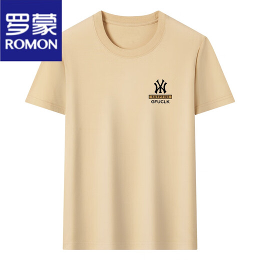 罗蒙（ROMON）100%纯棉短袖t恤男士圆领半袖上衣2025夏季薄款休闲凉感体恤衫男 短袖YW9929军绿 XL 175建议135-150斤