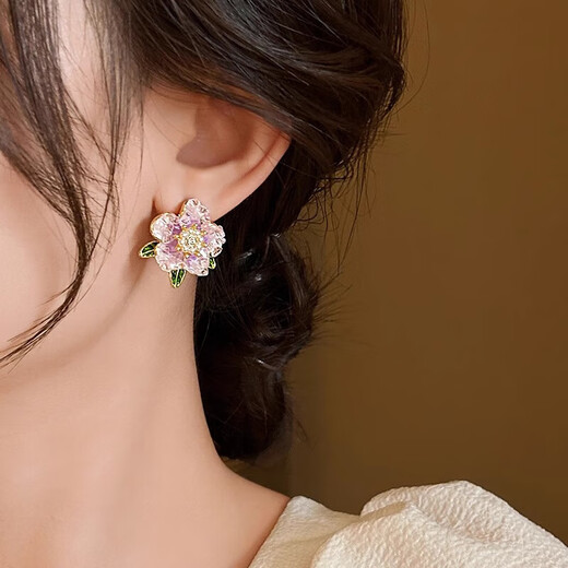 QMXD Yang Mi's same purple camellia earrings for women 2025 new popular unique earrings light luxury high-end earrings purple camellia earrings