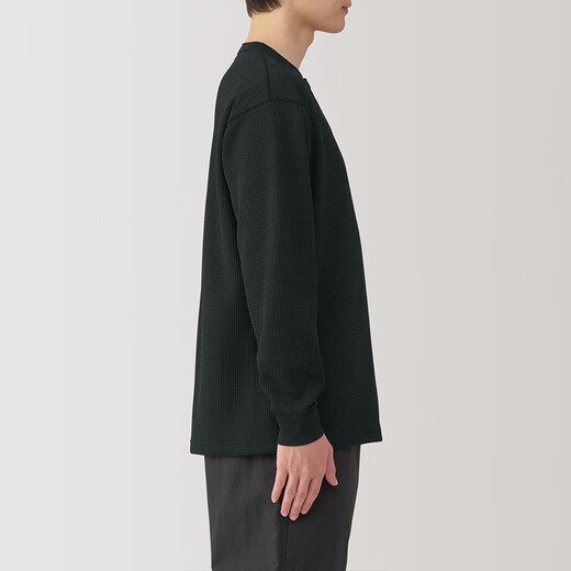 MUJI Men's UV Protection Waffle Henry Collar Long Sleeve T-Shirt Men's Bottoming Shirt Men's Spring Black XL (180/104A)