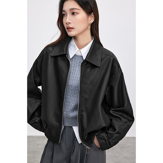 Shandubila Urban Commuting PU Leather Jacket Women's Spring Loose Slim Jacket Lapel Motorcycle Jacket Black S