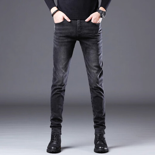 JEEP SPIRIT genuine Jeep high-end jeans men 2025 summer thin slim foot high-end elastic casual pants men 1048 black regular size 32 size waist circumference 2 feet 5 suitable for 130-140Jin [Jin equals 0.5 kg]