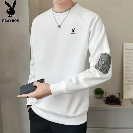 Playboy (PLAYBOY) sweatshirt men's autumn long-sleeved T-shirt men's casual jacket loose trendy brand men's top white XL