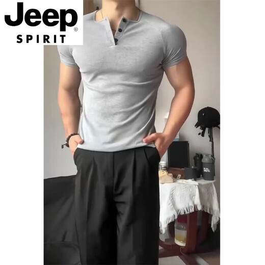 JEEP SPIRIT花灰色修身收腰亨利衫短袖男款夏季美式重磅显肌肉t恤健身打底衫 浅灰色 M 适合100-120斤