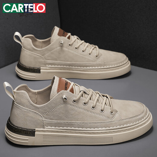 CARTELO crocodile shoes men's 2025 autumn and winter casual shoes men's shoes fashionable British style leather shoes trendy soft sole shoes beige 43