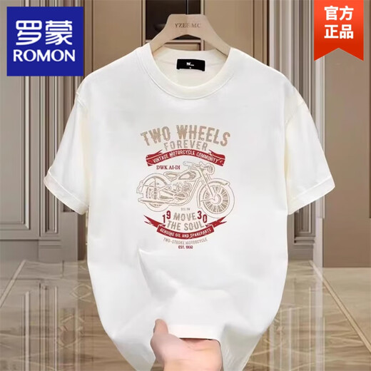 罗蒙（ROMON）重磅纯棉短袖t恤男士夏季复古痞帅印花正肩圆领半袖体恤 683白色 XL 建议135-150斤