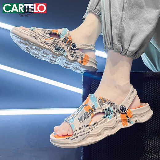 卡帝乐鳄鱼（CARTELO）拖鞋男夏季外穿软底两用凉拖鞋男士运动沙滩凉鞋 卡其色 41-42码 