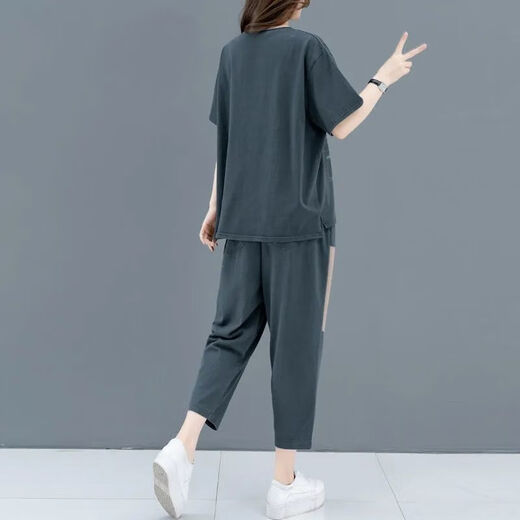 鸢诺中年妈妈装大码宽松显瘦运动服两件套夏季印花拼接短袖休闲套装女 838#绿色 L 【建议90-110斤】