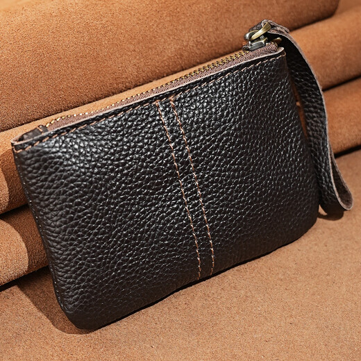 Master Lu's first layer cowhide leather zipper small cow bag pure handmade retro simple change storage bag small bag chocolate brown