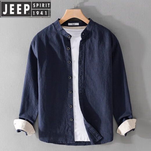 JEEP SPIRIT男士亚麻长袖衬衫日系休闲立领新中式男装春秋季棉麻衬衣外套 9896灰绿色 L 120斤左右