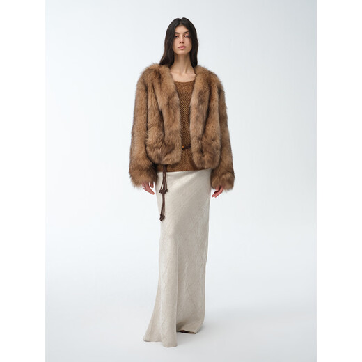 
Fu Zhien Gone with the Wind Sagafurs Fox Fur Coat Women Handmade Spray Color Smudge V-neck Fur Coat Apricot Brown S