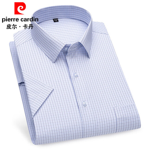 皮尔卡丹（pierre cardin）短袖衬衫男夏季薄款商务休闲格子条纹寸衫中年爸爸带口袋白色衬衣 DX6626 40