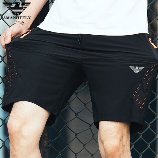 Emporio Armani Sportshorts Herren dünne schnell trocknende Eis Seidenhose Loose Casual Prise Hosen Sommer Amn11-9906 Schwarz Orange 2xl 140-153jin [Jin entspricht 0,5 kg]