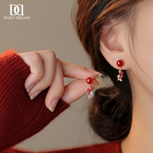 DAISY DREAM925 silver red agate koi earrings for women with pierced ears, zodiac year 2025 retro earrings, new year earrings, koi earrings S925 silver