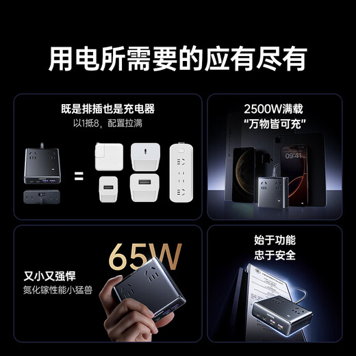 绿联S6【适用iPhone17】桌面充电站插排插线板氮化镓65W快充电器多功能USB/TypeC插座魔盒8孔总控1.5米