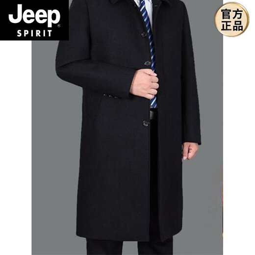 JEEP SPIRIT爸爸秋冬羊毛呢外套中老年男风衣过膝长款加绒加厚大衣 1310黑色（加绒） 加厚 M 170  建议100-125斤