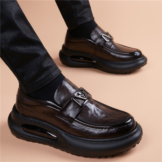 BABOCHEN 2025 new business leather shoes men's thick-soled versatile first-layer cowhide trendy slip-on air cushion formal casual leather shoes black 38