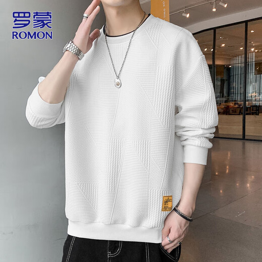 ROMON sweatshirt men's autumn and winter casual long-sleeved T-shirt men's loose tops men's bottoming shirt white L