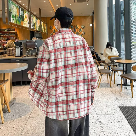 美式长袖衬衫男生春夏季宽松翻领格子衬衣复古潮流休闲百搭外套男 CRYZ687蓝色 M