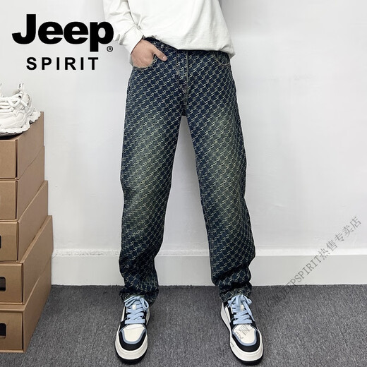 JEEP SPIRIT European and American fashion brand pants men's handsome full print embroidered straight jeans American high street trousers blue four-season style 9226 regular 31 130-140Jin [Jin equals 0.5 kg]