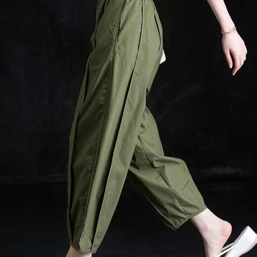 
Zimu Cotton and Linen 2025 spring and summer clothing for women, nine-point casual pants, loose Harun Blossom pants, slim, high waist, versatile carrot pants 6636 Military green M (recommended 95-115Jin [Jin equals 0.5 kg])