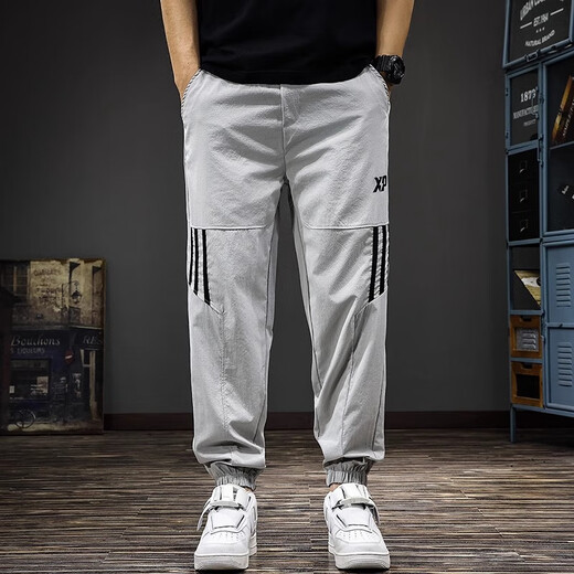 Guxiansen striped ice silk casual pants for men's summer thin sports Harem pants trendy brand loose tying feet nine-point pants light gray XL [130-150Jin [Jin equals 0.5 kg]]