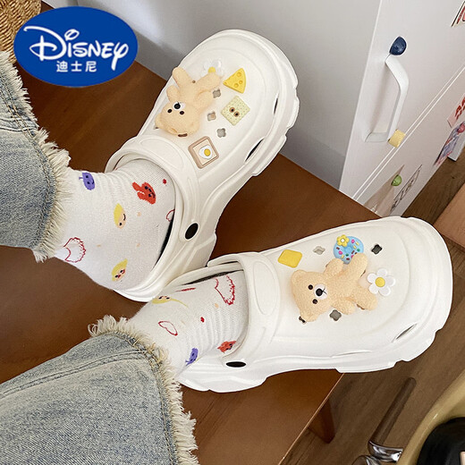 迪士尼（DISNEY）亲子儿童EVA洞洞鞋女2025新款女孩夏季外穿厚底防滑拖鞋男童 白色可爱小黄熊 30 -31