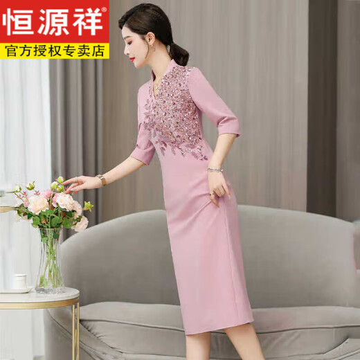 恒源祥2025夏季新款妈妈礼服中式国风高级感喜婆婆婚宴装宴会连衣裙 深卡其6625 L 165 【110斤以下】