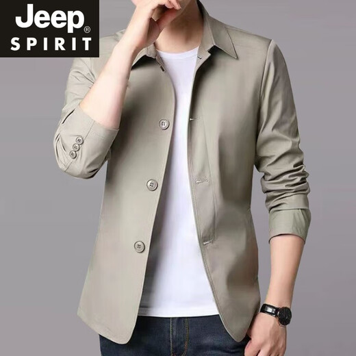 JEEP SPIRIT高端春秋季男士商务夹克西装中青年纯色翻领薄款韩版修身风衣外套 浅灰色  NJ1048 M 【建议98-110斤】