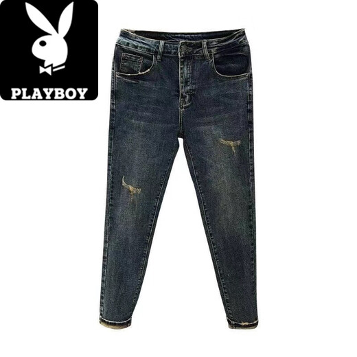花花公子（PLAYBOY）复古做旧破洞牛仔裤男潮牌痞帅修身小脚弹力九分裤2025夏季男裤子 JBC#K761高质量 30