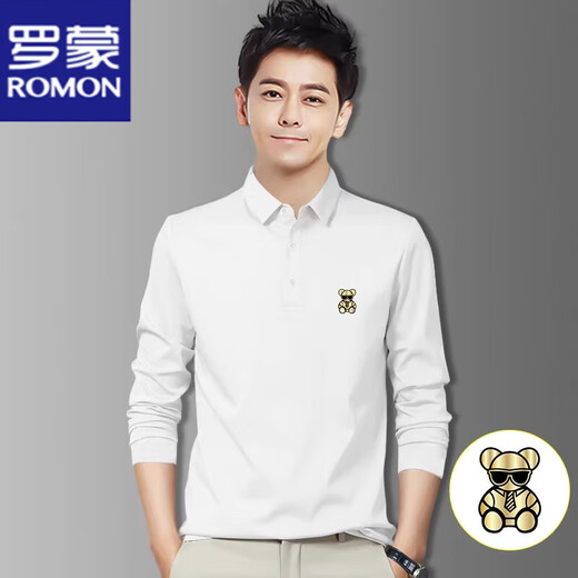 Camiseta de manga larga de Romon para hombres en primavera y otoño New Black Algody Lapel Camiseta de polo de mediana edad Camisa de base masculina Fina R723 Polo de manga larga blanca [Peso sugerido 90-115 Jin [Jin equivale a 0.5 kg]]