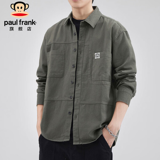 大嘴猴（paul frank）长袖衬衫男士春秋季美式复古休闲工装外套男上衣男装 森绿色 XL