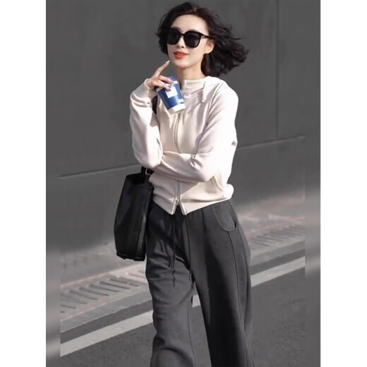 Piercada European informal Sports Traje para mujeres Primavera y otoño 2025 Nuevo pantalones de pierna ancha de moda sudadera de dos piezas 6581 Top blancos + pantalones grises de hierro (sin terciopelo) XL (peso recomendado 124-136 Jin [Jin equivale a 0.5 kg])