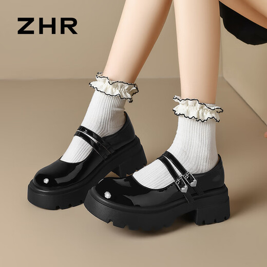 ZHR Single Schuhe Frauen süßer Spiegel JK Schuhe Frauen Dicke Sohle Mary Jane Schuhe Retro Britische Lederschuhe KN36 Black 37