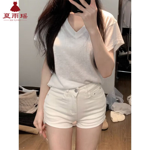 Xia Yuyao small white high waisted slim denim shorts for women in summer slim and versatile straight hot pants for hot girls ins trend white M 95-105