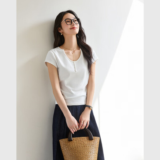 梵希蔓纯色正肩U领短袖T恤女2025年夏季新款简约百搭修身显瘦上衣 M9731 米白色 XL