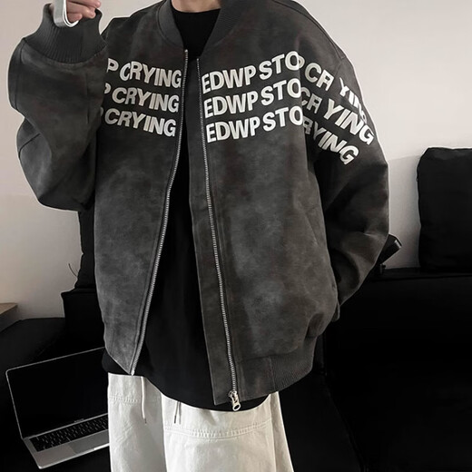 7家优品字母印花灰色棒球服外套男秋冬欧美hiphop高级感皮衣美式高街夹克 SSQFS-687灰色 M