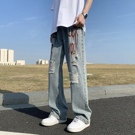 Beggie Schach Amerikaner HipHop zerrissen Jeans Herren Sommerdünnmodische Marke Pussy Vibe Feng Gaojie Loose Straight Hosen 6623/Blau [(hohe) Qualität] L 120-135jin [Jin entspricht 0,5 kg]