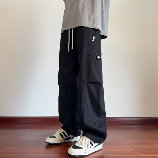 顶峰保罗（Dingfengbaoluo）纯棉工装裤男复古百搭美式休闲痞帅弯刀阔腿长裤子ZX02黑色3XL