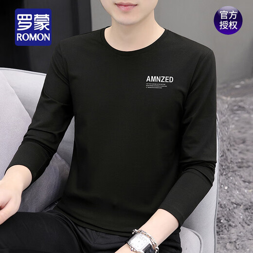 
ROMON men's long-sleeved T-shirt trendy and versatile solid color inner wear autumn tops for youth spring and autumn style slim base shirt for men 9209 white 90-115Jin[Jin equals 0.5 kg] M