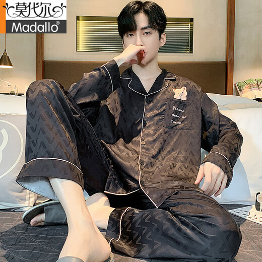 Modal Light Luxury Pyjamas für Männer Frühling und Herbst Sommereis, dünne Seide Langarmhose Lose großer Seide 2025 Neues Set 838# V-förmiger Bären-Mist Gray [grau Seide] XL [120-150jin [Jin gleich 0,5 kg]]]