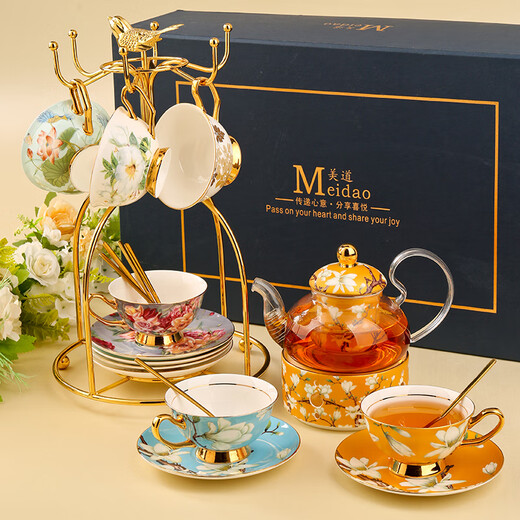 Heart-decorated garden, beautiful way, beautiful flower teapot, candle, heated teapot, teapot, afternoon tea tea set, glass health pot (6 cups and saucers + magnolia yellow flower teapot), red gift box, blooming flowers + bird stand