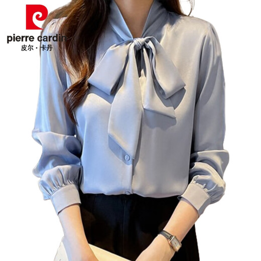 皮尔卡丹（pierre cardin）杭州真丝衬衫女长袖春装新款法式蝴蝶结衬衣感抗皱桑蚕丝上衣 蓝色9276款 L :105-115斤