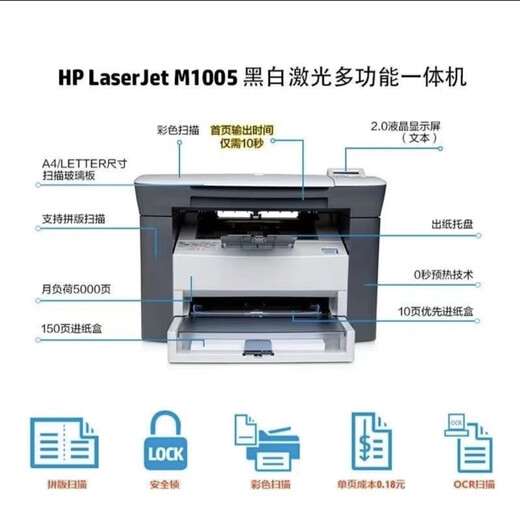 惠普HP惠普m1005黑白激光打印机复印扫描多功能一体机A4家用小型办公 M1005+二原装硒鼓 官方标配