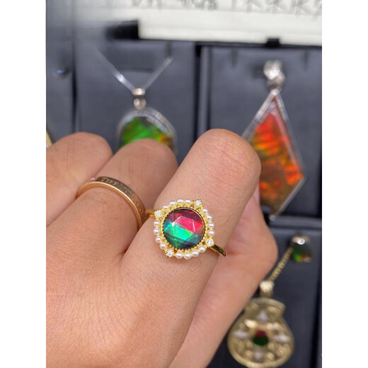 Xuanxian Canadian ammolite ring retro personalized open pearl sterling silver bezel set new women's ring