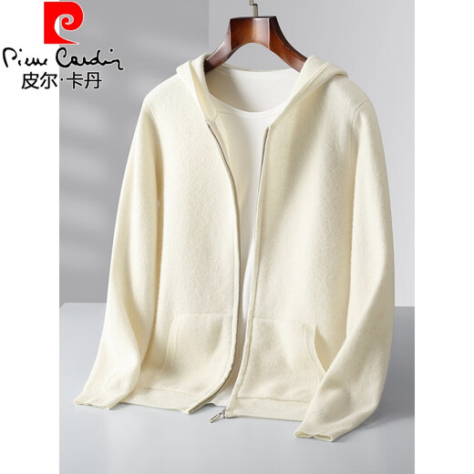 Pierre Cardin 2025 casual zipper hooded wool cardigan for men spring and autumn style knitted hoodie luxury fashion sweater jacket for men white L