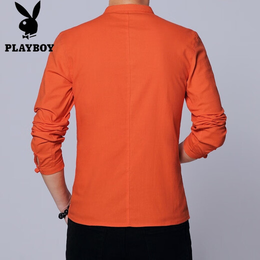Playboy (PLAYBOY) Chinese style Tang suit men's linen shirt long sleeves slim-fitting collar button Zhongshan cotton linen spring and autumn shirt men 9195 white 4XL (185Jin [Jin equals about 0.5 kg])