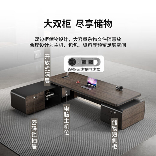 Yanhong painted boss table office desk and chair combination light luxury high-end executive desk simple modern chairman's room 2.0 meters luxury double cabinet boss (including light strip)